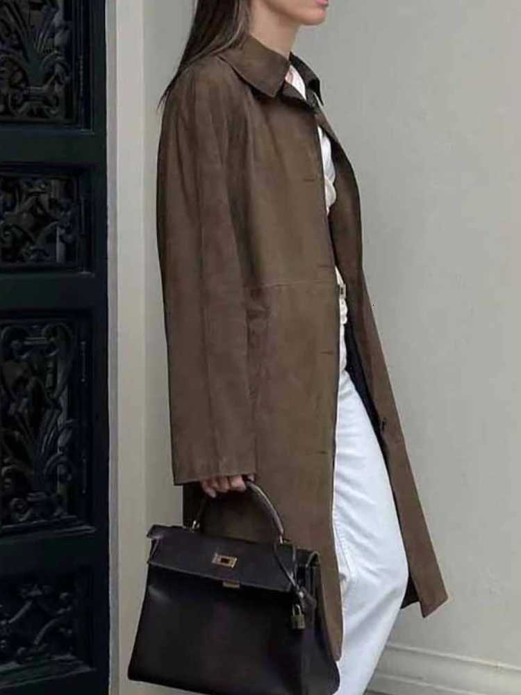 New in Autumn Long Suede Jacket Womens Casual Versatile Retro European and American Brown Long-sleeved Tooling Trench Coat Z250813