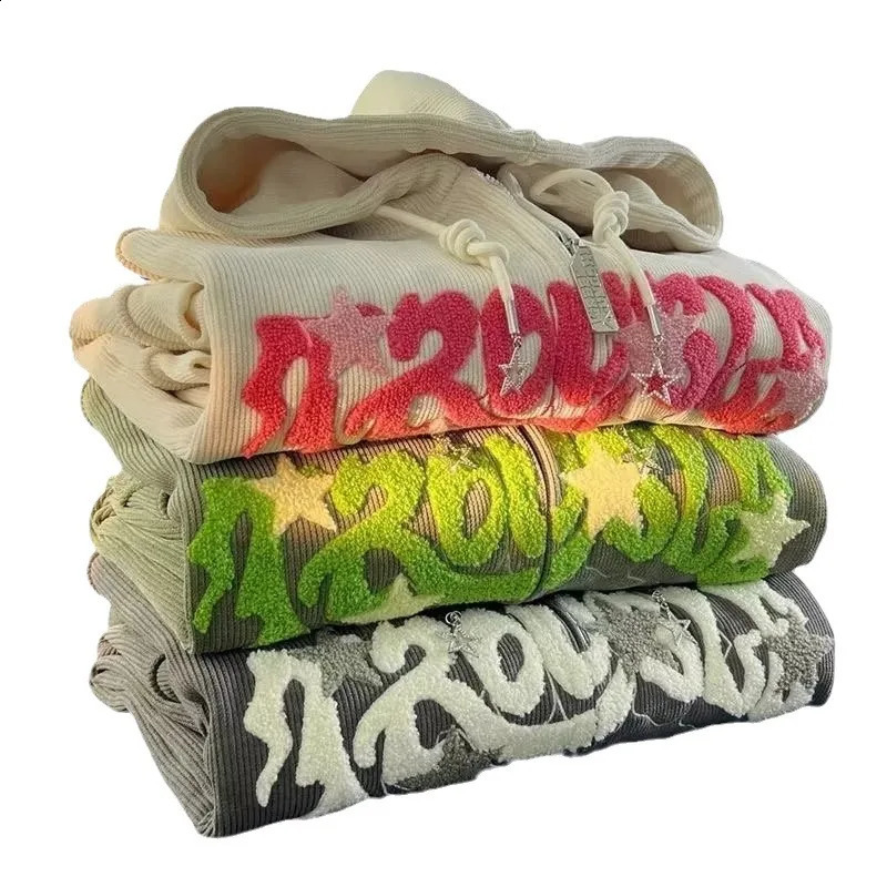 Y2k Zip Up Hoodie Women Autumn Retro Embroidered Letter Loose Long Sleeve Tops 2025 Casual Hooded Sweatshirts Harajuku Jackets 250811