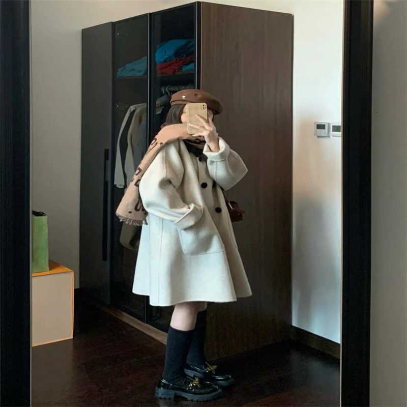 Korean Color Contrast Lapel Double-sided Peacoat Autumn and Winter Woolen Medium Long All-match Wool Coat for Women Z250813