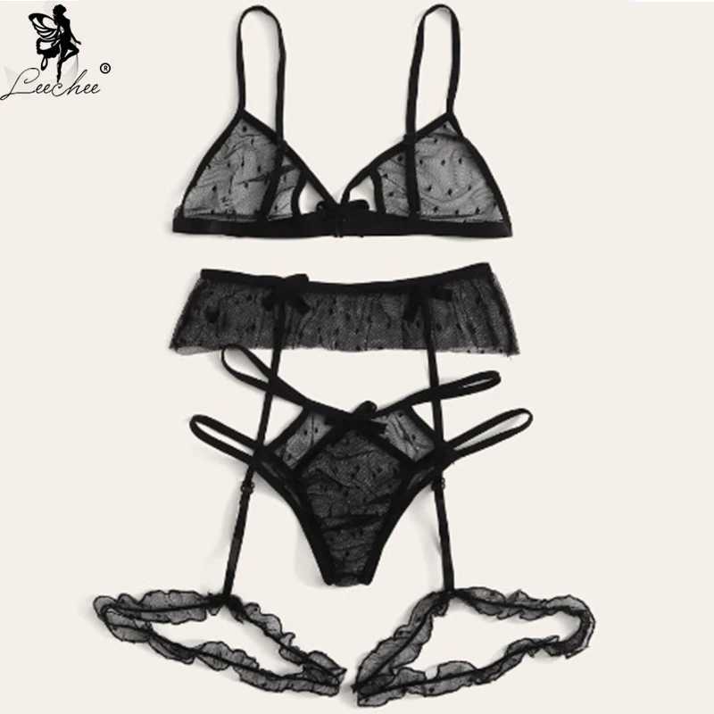 Leechee New Bra Set Sexy Lace Lingerie 3/4 Cup Bras For Women Three-point Suit Sexy Lntimates Dot Mesh Perspective Underwear SetXJ250812