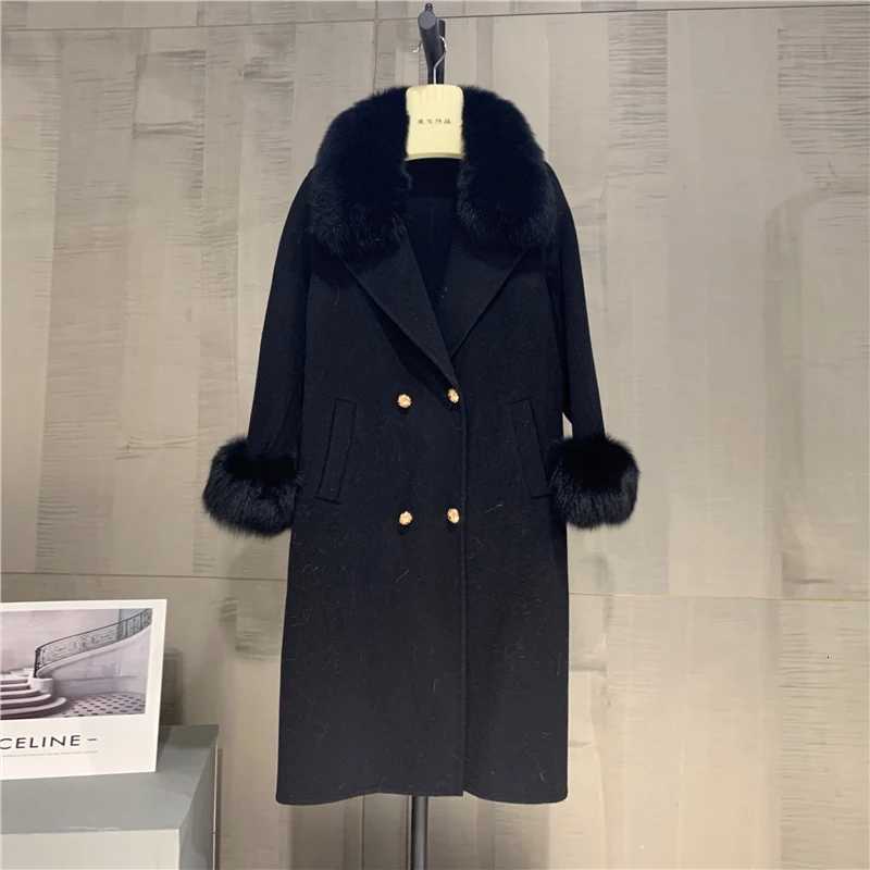 2023 Long Women Wool Cashmere Blended Coat Big Real Fur Collar Fashion Winter Jacket Double Breasted Belt Outerwear Cuffs Z250813