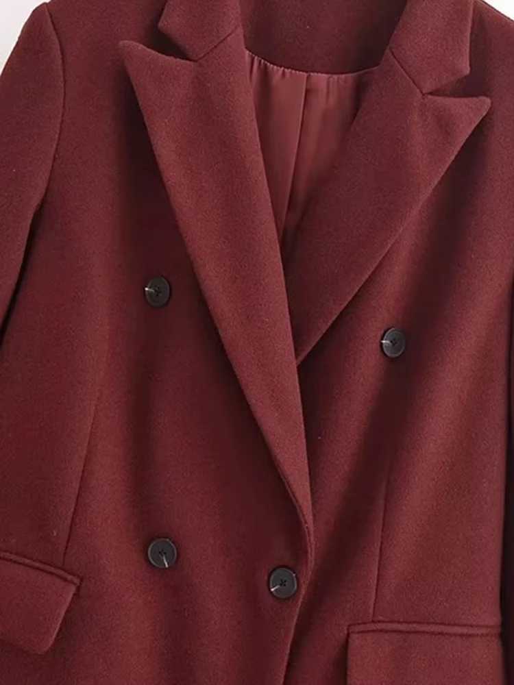 2024-Double Breasted Woolen Trench Coat for Women Long Sleeve Flap Pockets Female Outerwear Chic Overcoat Fashion Z250813