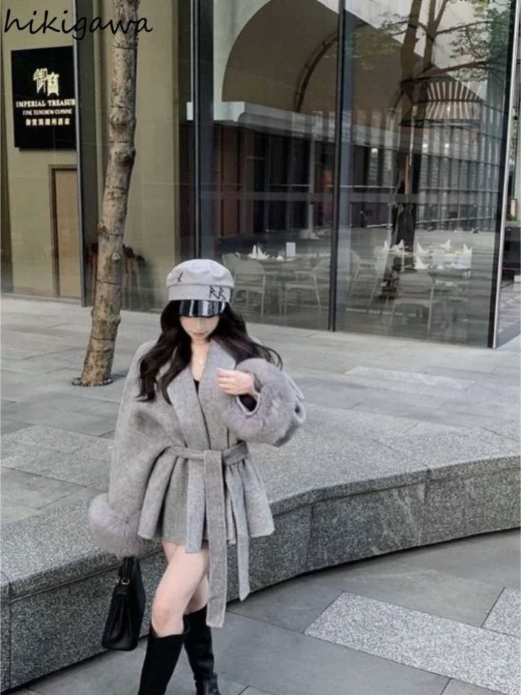 Fashion Coats Women Patchwork Furry Long Sleeve Bandage Outerwear Korean Y2k Clothing Slim Waist Temperament Solid Color Jackets Z250813