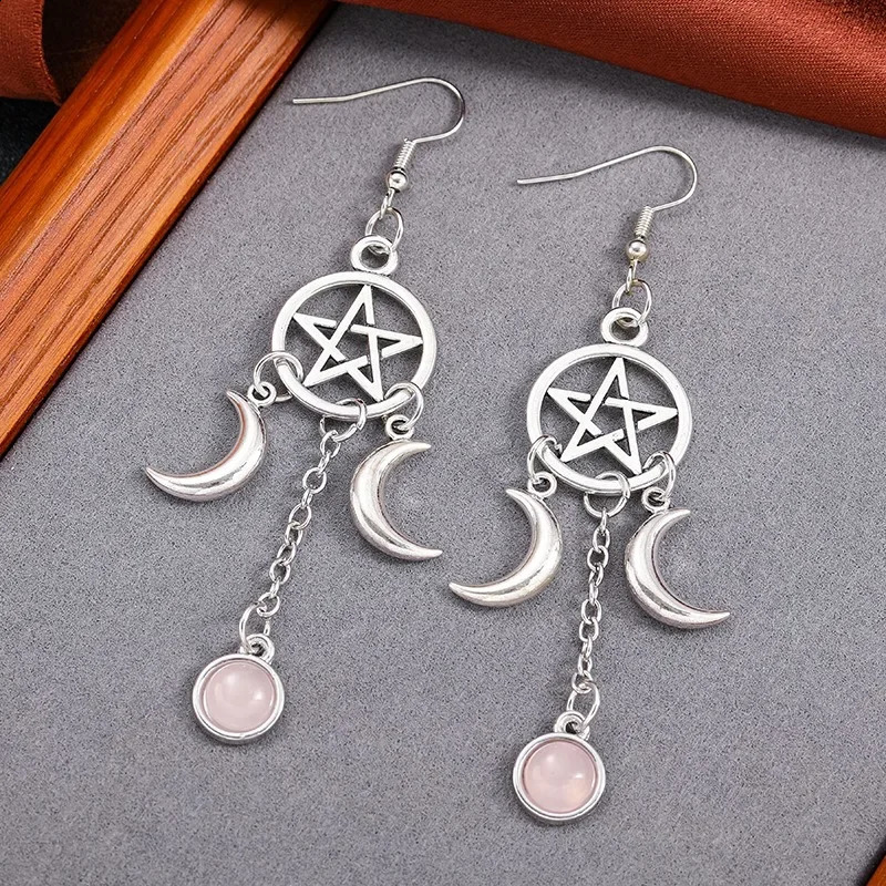 Gothic Pentagram Crescent Purple Crystal Earrings for Women Fashion Multicolour Moonstone Jewelry Party Accessories Gifts 250812