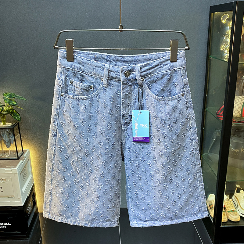 Men's Knee-Length Shorts - Loose Fit Denim Style, Wide Leg Casual Five-Pocket Pants with Perforated Jacquard, Perfect for Summer