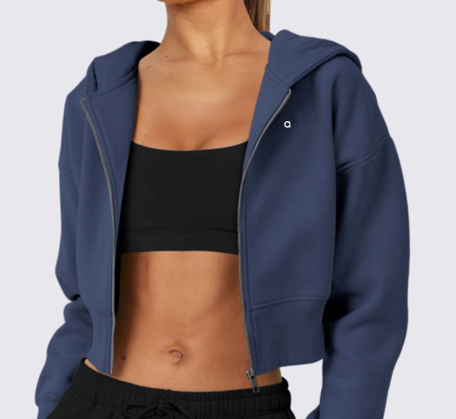 Hoodie women's European and American short cardigan hooded top zipper long sleeved casual training fitness yoga suit jacket