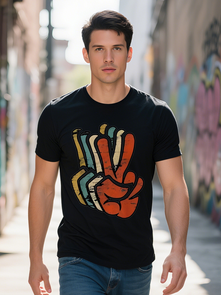 Men s Round Neck T Shirt Knit Vibrant Peace Sign Hand Gesture Print Summer Fashion Top for Casual Attire cffdb