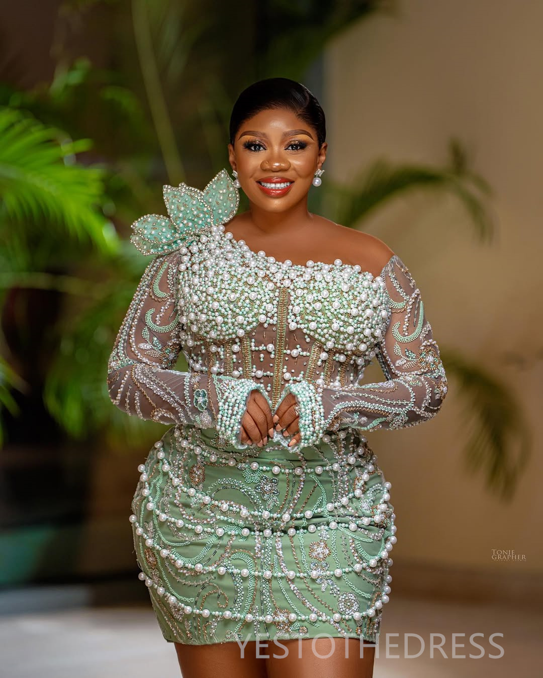 2025 Plus Size Mint Cocktail Dresses For Women Short Mini Dress Pearls Beaded Lace Long Sleeves Flora Homecoming Dresses Mini Gown For Nigeria Black G