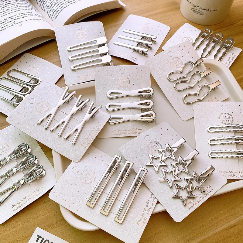 3pc Girls Silver Color Hair Clips Women Cute Metal Hair Clips Kid Alligator clip Barrettes Hair Grips Hair Accessories Headwears 250812