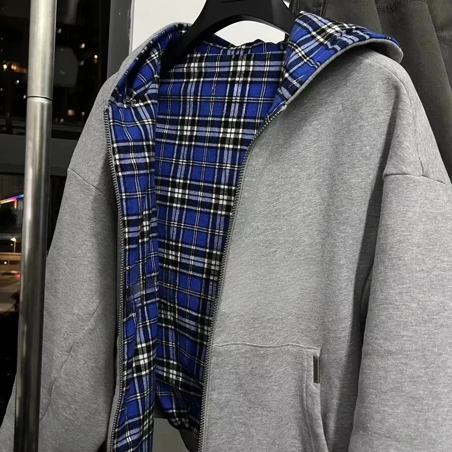 Autumn Shoulder-fall Striped Reversible Two-wear Cardigan Hoodie Blue Plaid Pattern Classic Jacket Men Loose Trend Top 250812