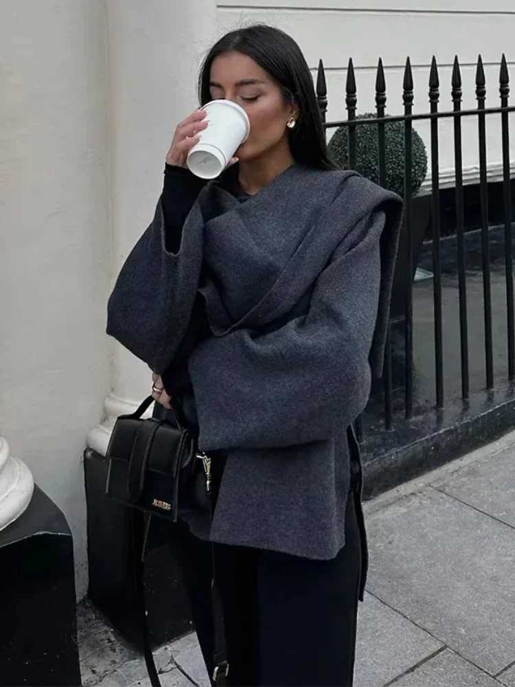 3ZBA Womens Asymmetric Scarf Knitted Jacket O-neck Single Button Side Slit Solid Loose Coat Winter New Female Chic Outerwear Z250813