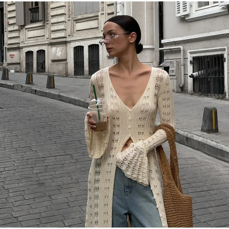 Elegant Knitted Hollow Out Long Dress Women Beach Ruffle Single-breasted Flare Sleeve Cardigan Robe Female Fashion Solid Dresses 250805