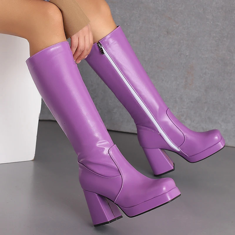 Candy Colored Glossy Patent Leather Material For Womens Knee Boots Square Toe Platform Ultra-High Thick Heel Winter Long Boots 250812