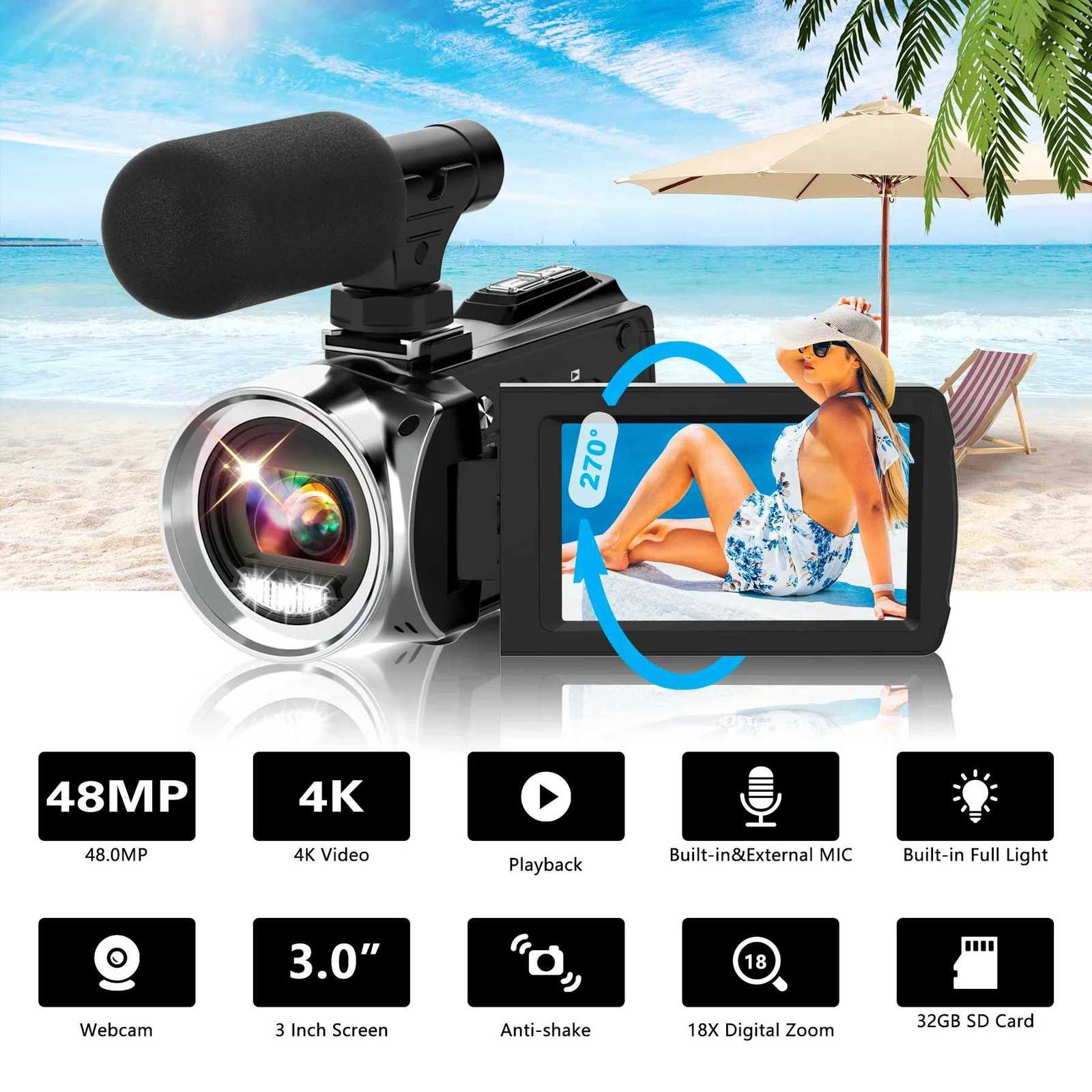 4K Camcorder with Microphone 18X Zoom Infrared Vlogging Video Camera for YouTube 48MP Portable Digital Recorder T250813