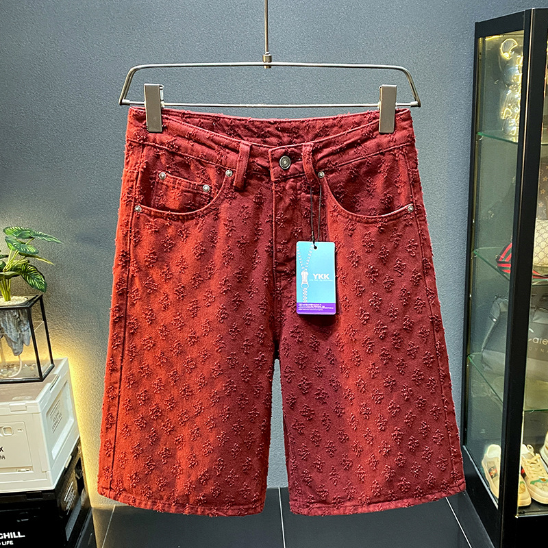 Men's Knee-Length Shorts - Loose Fit Denim Style, Wide Leg Casual Five-Pocket Pants with Perforated Jacquard, Perfect for Summer
