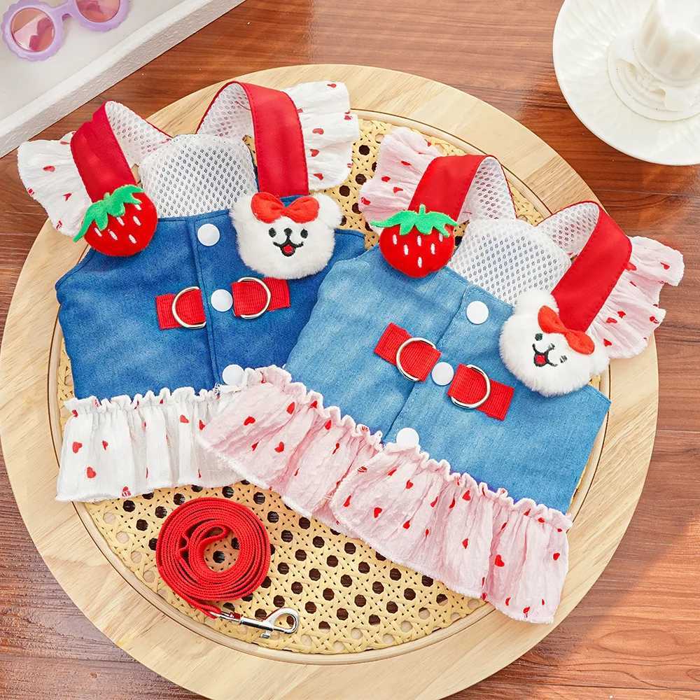 Cute Puppy Clothes Cute Dog Dresses Pet Clothing Cat Dress Pet Denim Harness with Leash Summer Sweet Strawberry Small Dogs Skirt XJ250813