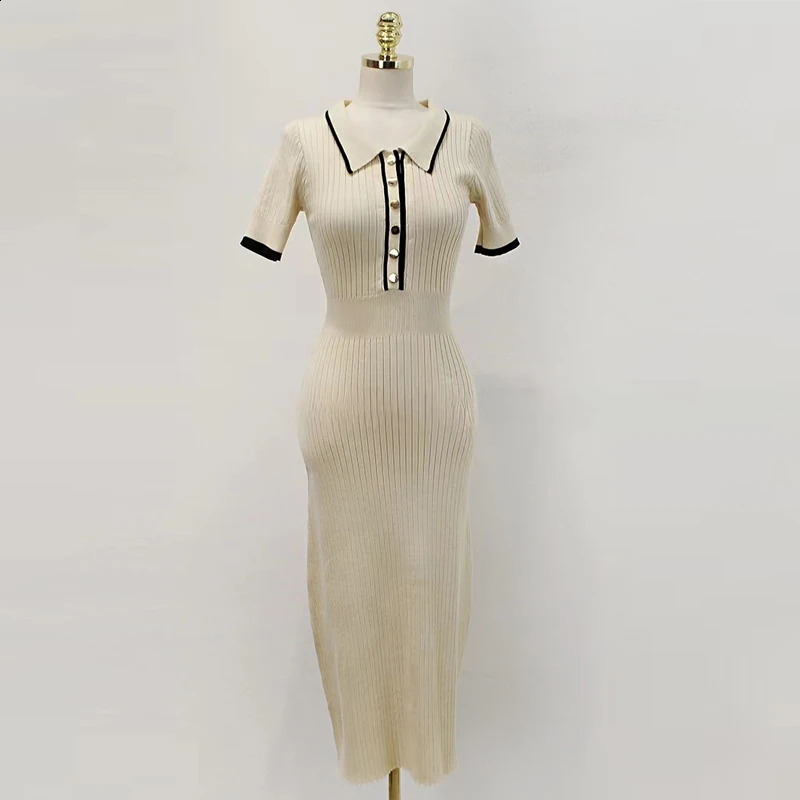 YuooMuoo Fashion Knit Sweater Dress Women Spring Summer Ribbed Contrast Short Sleeve Lapel Gown Dress Ladies Long Dresses 250806