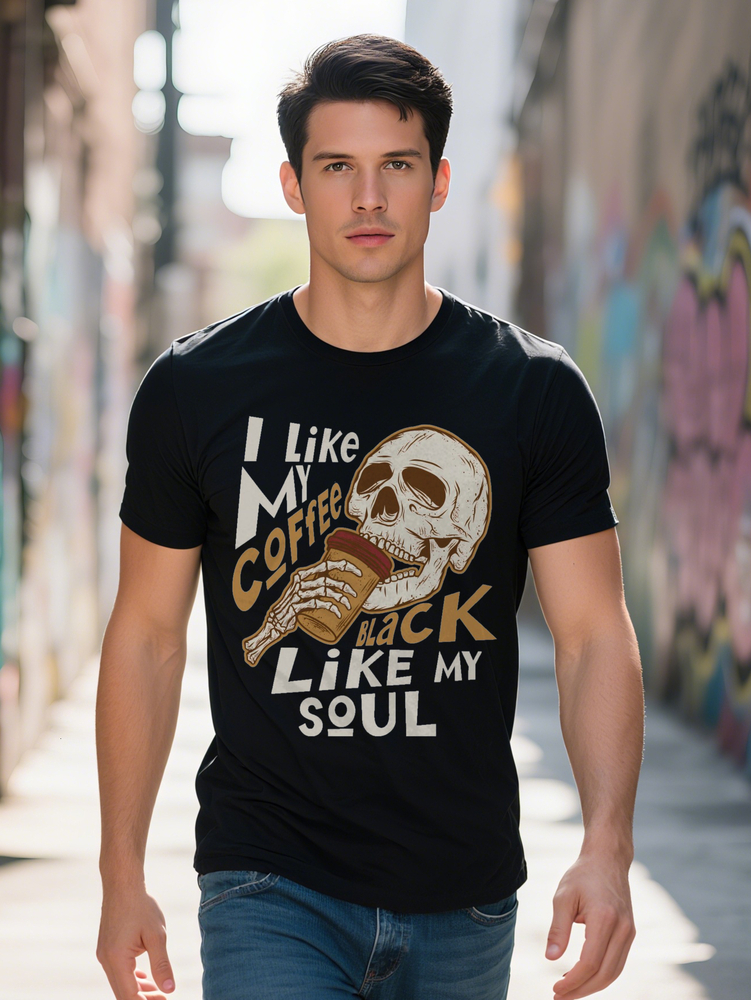 Men s Casual Crew Neck T-Shirt with I Coffee Like My Soul Skull Print Black Short Sleeve Lightweight Summer