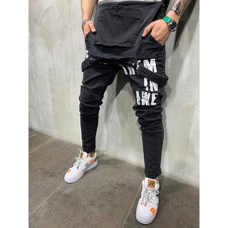 Men Suspenders Denim Jumpsuit Letters Trousers Fashion Overalls Mens Ripped Printed Jeans Streetwear 250808