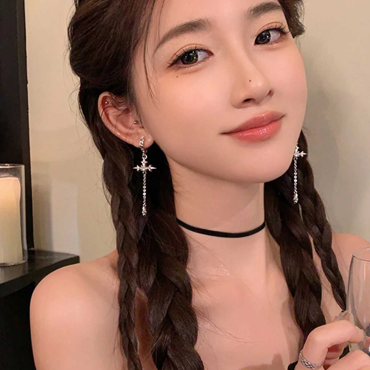 Cool Rhinestone Zircon Cross Earrings for Women Korean Fashion Long Tassel Earring Girls Daily Birthday Party Y2k Jewelry Gifts Y250812