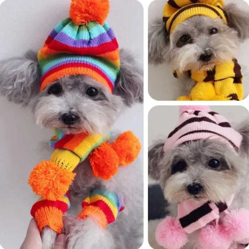 Dog Winter Wear 1 Set (hat+scarf+leg Warmers) Rainbow Stripe Knitted Dog Scarf Winter Warm Hat Footwear Sloves Pet ClothesXJ250813