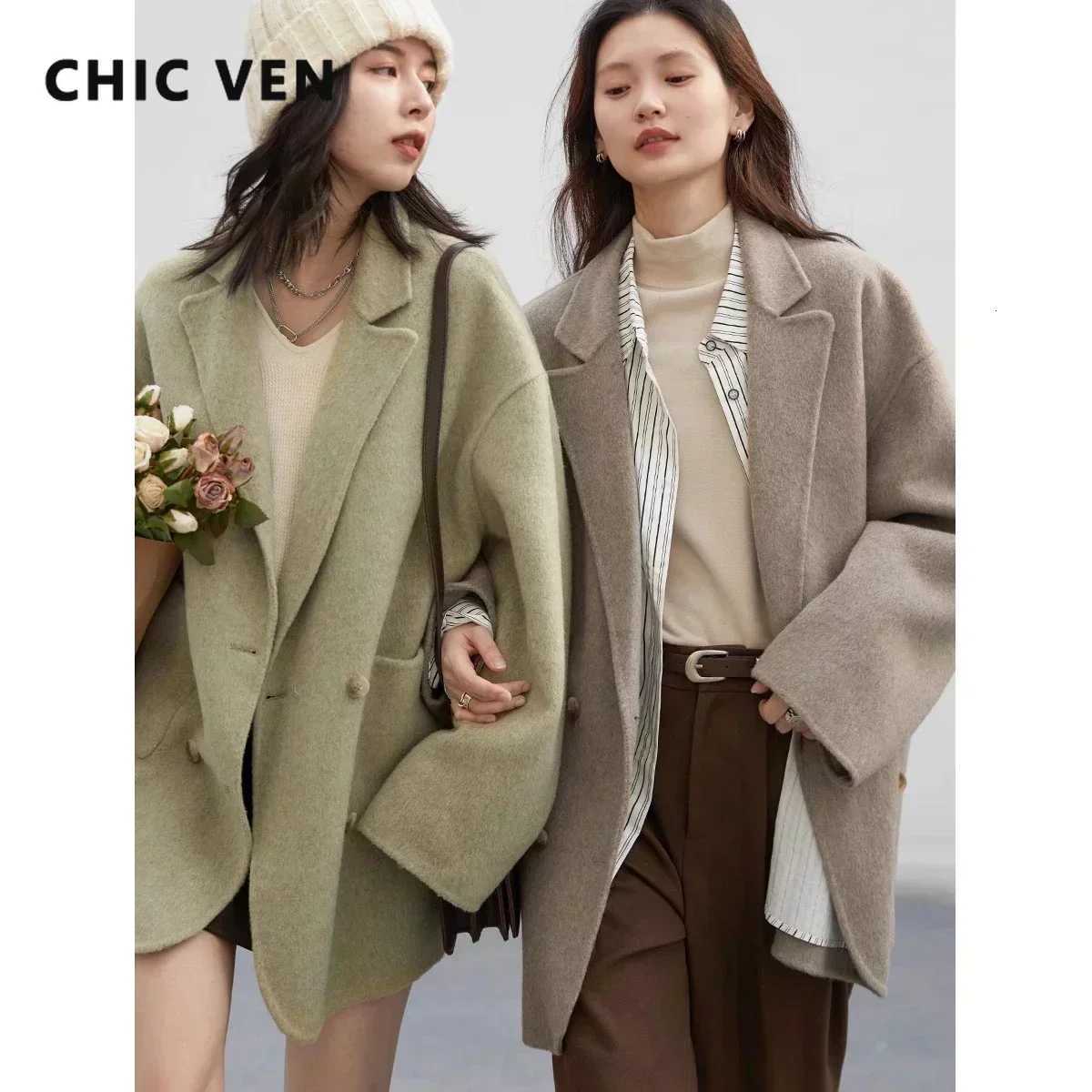 CHIC VEN Womens Woolen Coats Loose Casual Double Breasted Retro Double-sided Jacket Office Lady Outerwear Autumn Winter 2023 Z250813