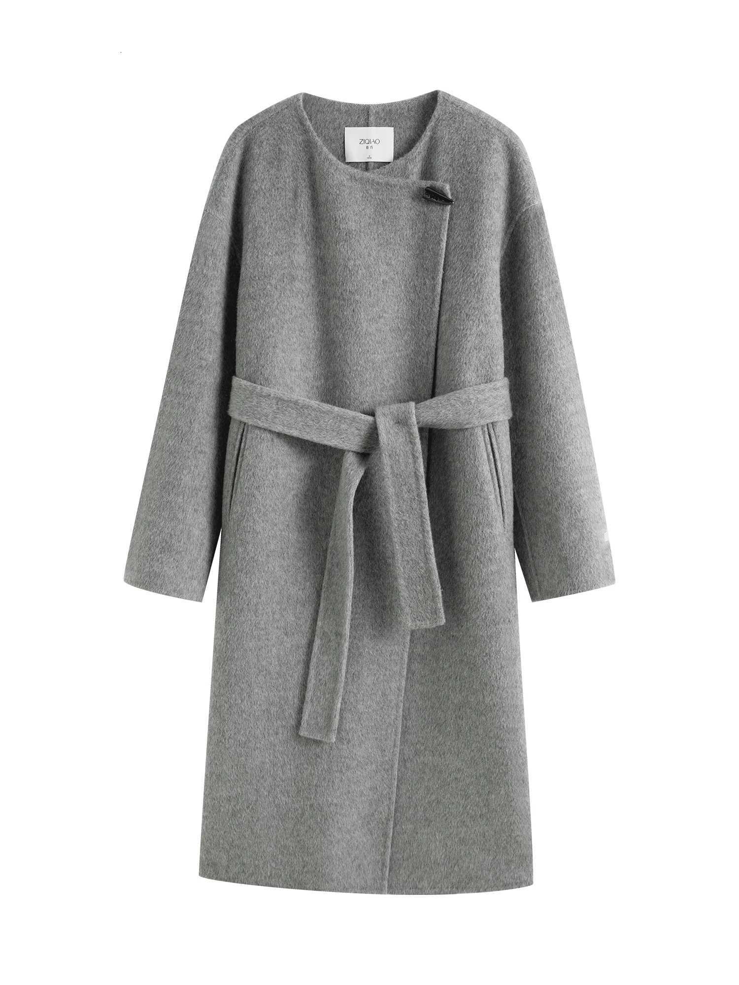 2 Colors Women Simple Long Woolen Jackets Horn Button Round Neck Black Commuter Winter Long Coat Wool Coats 24ZQ94165 Z250813