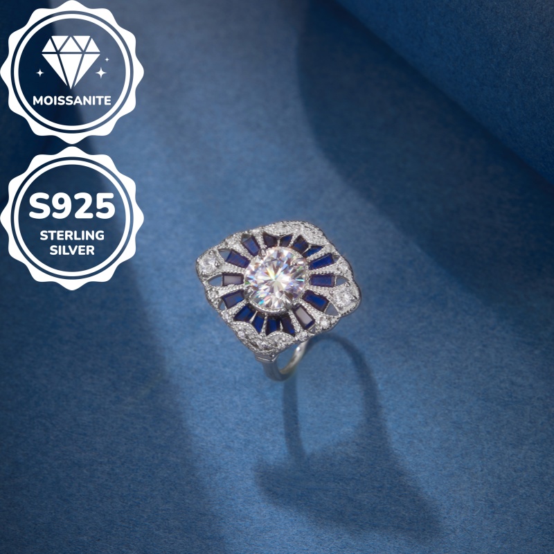 MT MT 2CT Moissanite Anniversary Ring 925 Sterling Silver Blue Sapphire 5A Cz Transparent Blue Spinel Gem Engagement Ring, Men's Women's Cou