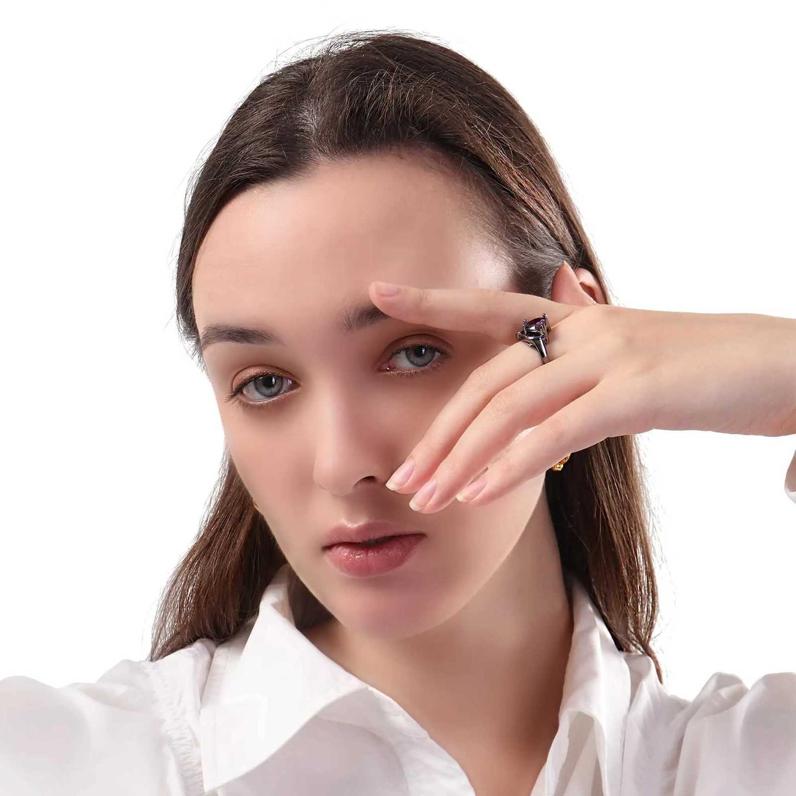 Fashion Couple Rings Romantic Women Heart Purple Rhinestones Zircon Ring Trendy Men Stainless Steel Rings Wedding Band Jewelry W250812