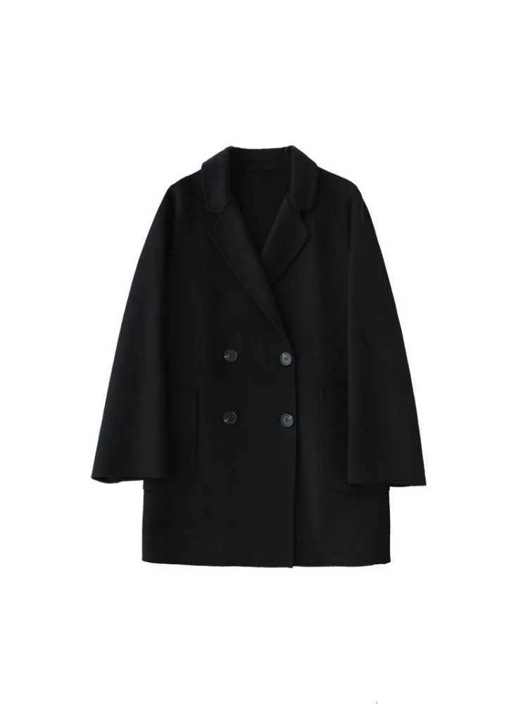 2022 Autumn Korean Style Double Breasted Simple Black 100% Wool Coat Women Long Loose Suit Woolen Overcoat Jacket Z250813