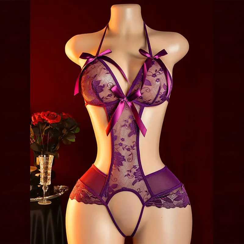 Neck-hanging One-piece Bra Semi-See-through Lingerie Set Crotchless G-string Bodysuit Crotch Open Underwear Intimate Sexy UndiesXJ250812