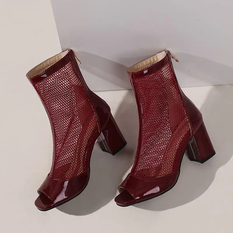 Kcenid Spring Summer Boots Ladies Peep Toe Chunky High Heel Shoes Zipper Fashion Mesh Comfortable Ankle Boots Plus Size 43 250812
