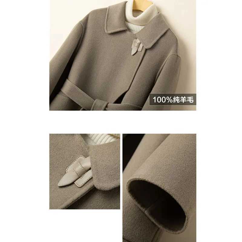 Autumn Winter New Double-Sided Cashmere Coat Women Fashion Doll Collar Leather Buckle Loose Lace-uUp Woolen Jacket Female T1494 Z250813