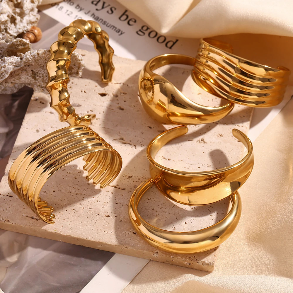 E.B.belle Spiral Bamboo Knot Smooth Concave Geometric Exaggerated Multi layered 18K Gold Plated Jewelry316L Stainless Steel 250812