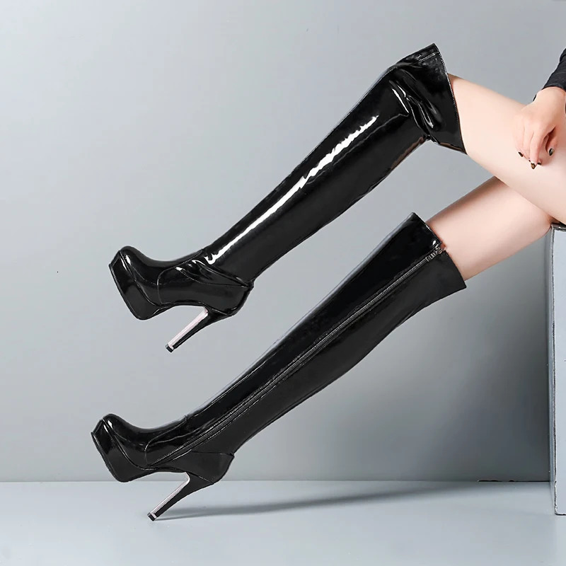 Plus Size Platform High Slim Heel Glossy Patent Leather Zipper Womens Over The Knee Length Boots Nightclub Performance Boots 250812