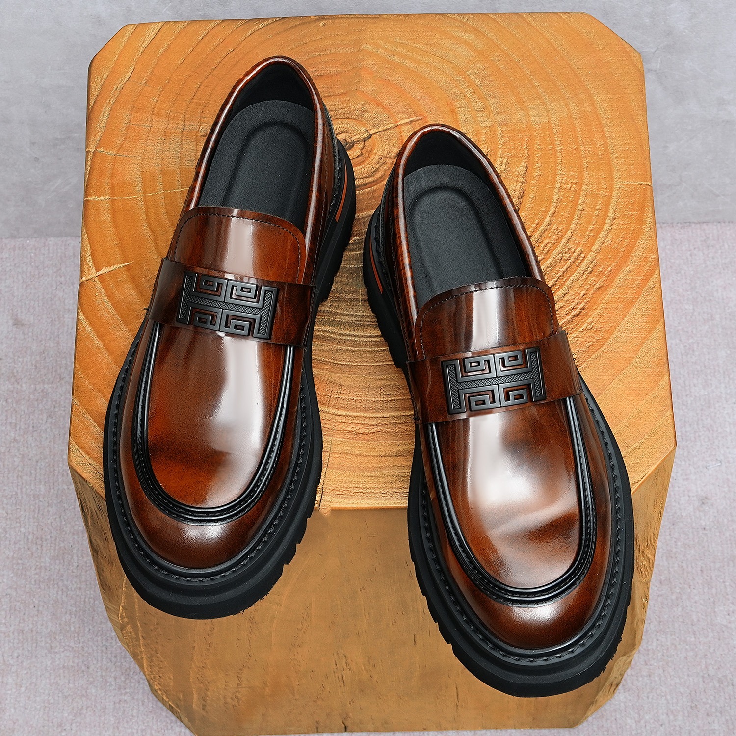 New men's shoes, slip-on buckle, thick-soled loafers for height increase, genuine leather handcrafted, large size 46,-end wedding