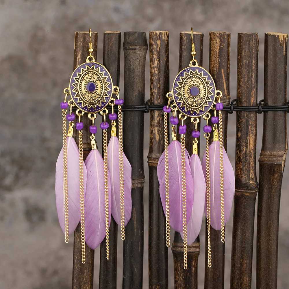 Vintage Ethnic Feather Tassel Earrings For Women Long Fringe Chain Drop Dangling Earrings Female Girls Jewelry Accessories Y250812