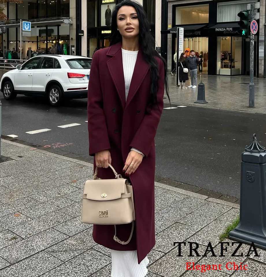 TRAFZA-Women Elegant Long Coat Pink Blended Lapel Buttons Lined Coat New 2025 Fashion Fall Winter Romantic Outwear Beige Coat Z250813