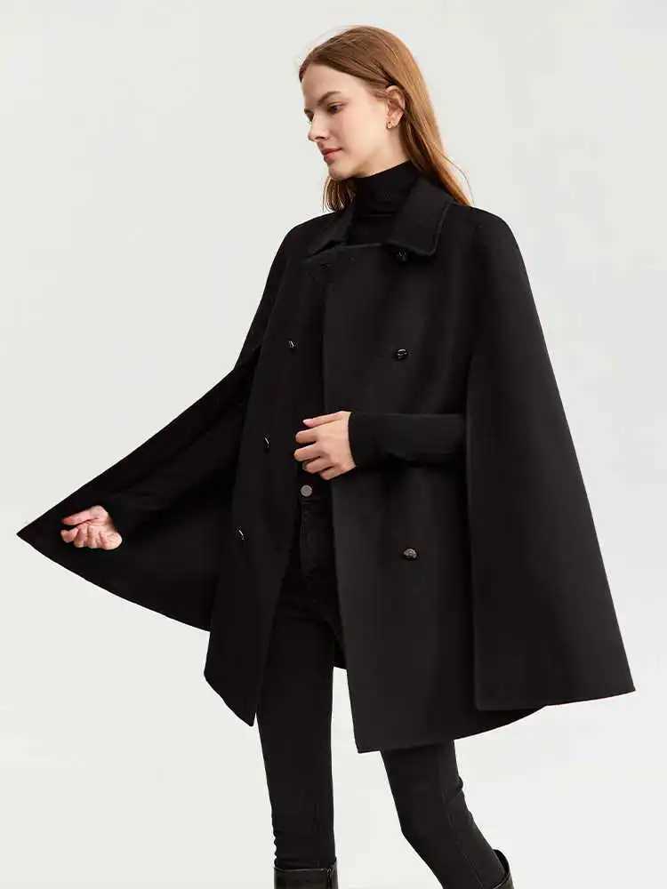 AMII Womens Woolen Coat 2023 Winter New Lapel Leather Belt Wool Cashmere Double-sided Cape Y2K Vintage Long Blends 12344065 Z250813