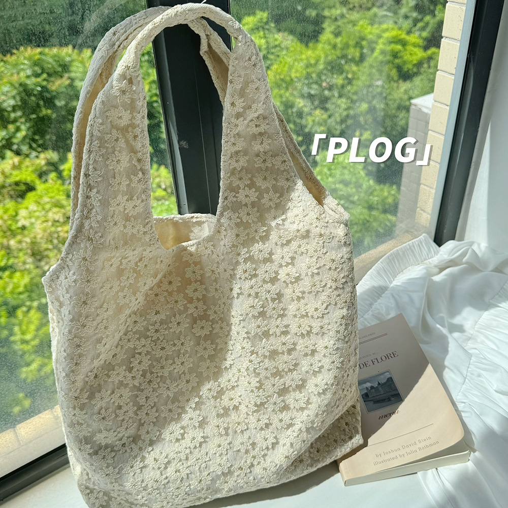 Fresh Style Mesh Flower Single Shoulder Korean Version Ins Blogger Large Capacity Tote Sweet Handheld Canvas Bag Trendy ddmymarket