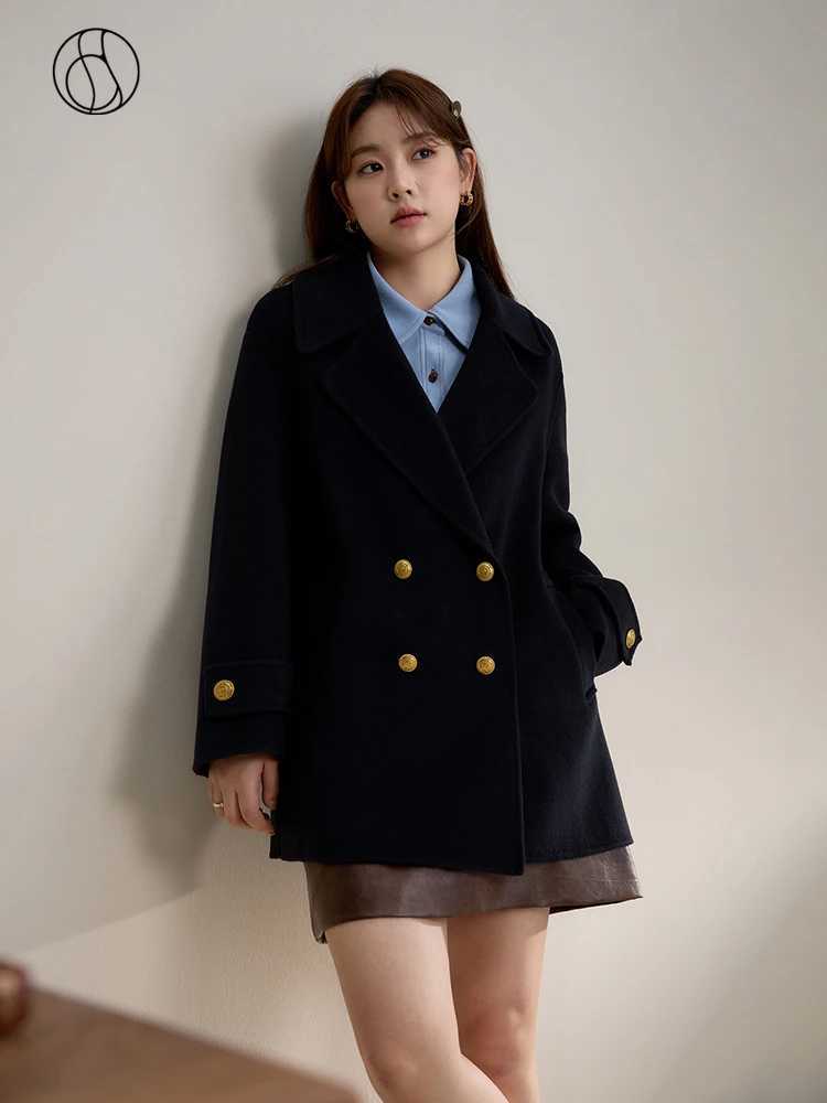 DUSHU Retro British Style One-Hand Length Double-Sided Woolen Coat for Women 2023 Winter New Solid Color 100% Wool Coats Female Z250813