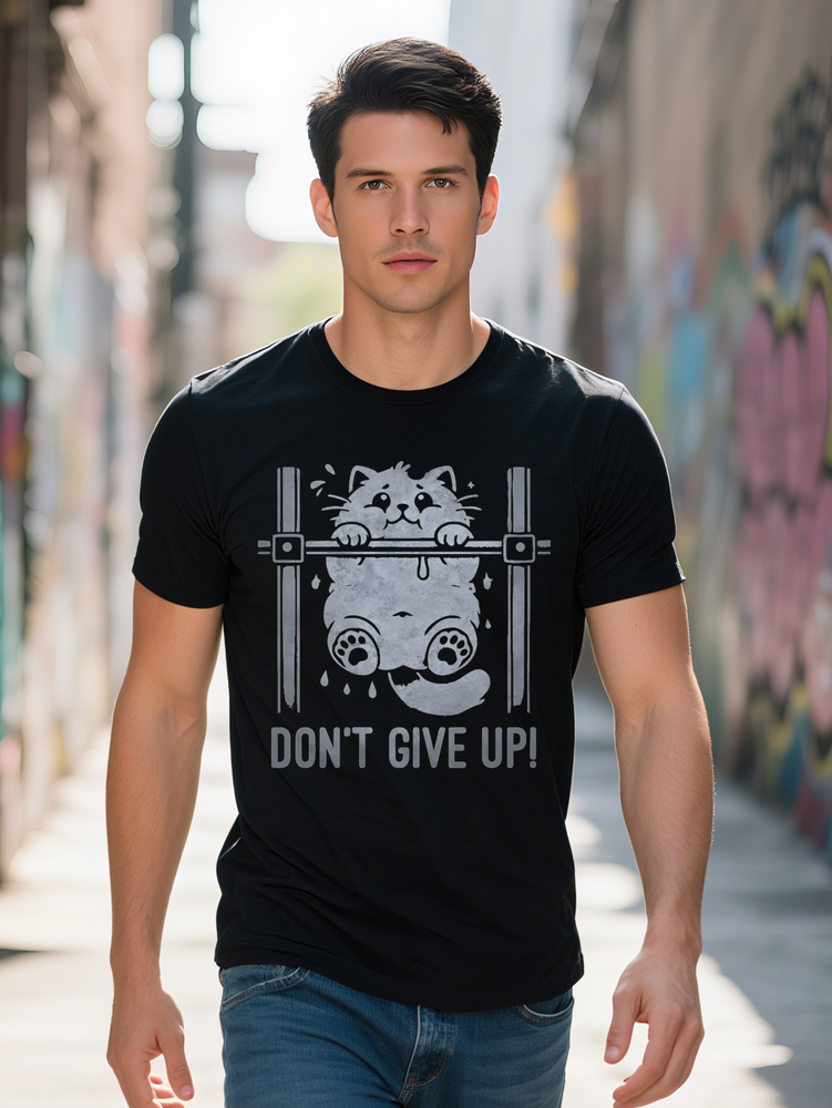 Men s Don't Give Up Graphic T-Shirt Black Fiess Cat Design Casual Round Neck Short Sleeve Lightweight Summer