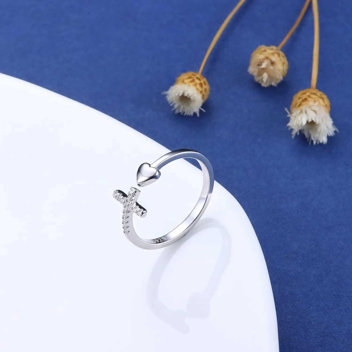 925 Sterling Silver Cross Ring for Women Stylish Adjustable Ring Stackable Shiny Cubic Zirconia Cross Ring with Box W250812