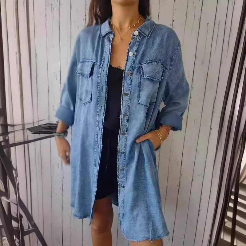 Denim Coat Single Breasted Full Sleeve Jackets Pockets Turn Down Collar Casual Solid Lady Spliced Summer 2025 250811