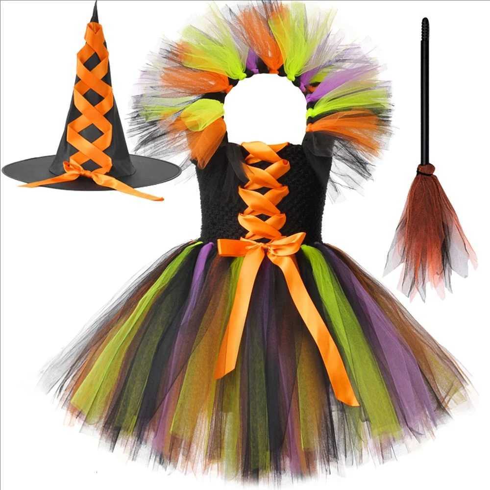 Black Purple Witch Costumes for Girls Halloween Lined Tutu Dress with Hat Broom Kids Carnival Party Witches Disguised Outfits G250812