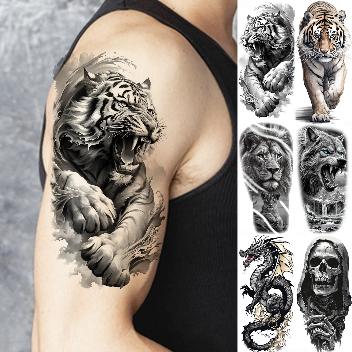 1 Sheet Fierce Tiger Lion Dragon Temporary Tattoos For Men Women Waterproof Wolf Skull Tatoos Long Lasting Tattoo Stickers 250809
