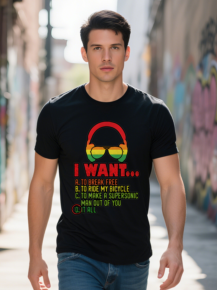 Men s Casual Graphic T Shirt with Rainbow Fashion Glasses Design Bold I Want to Break Free Slogan Black Summer Tee