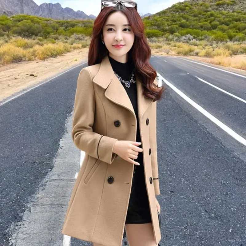 Womens Elegant Slim Fit Jacket with Double Row of Buttons Medium-Length Coats Korean-Style Top for Middle-Aged Women Z250813