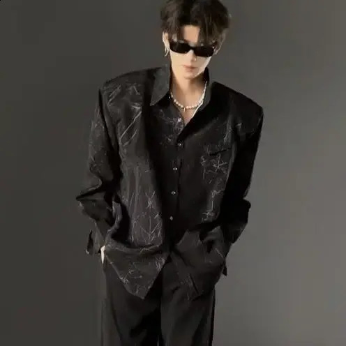 Deconstructed Textured Black Crackle Shoulder Pad Shirt 250811