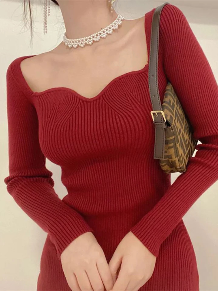 Vintage Harajuku Slim Sweater Dress Women Autumn Winter Long Sleeve Bodycon Knitted Midi Dresses Party Evening Club Female 250806